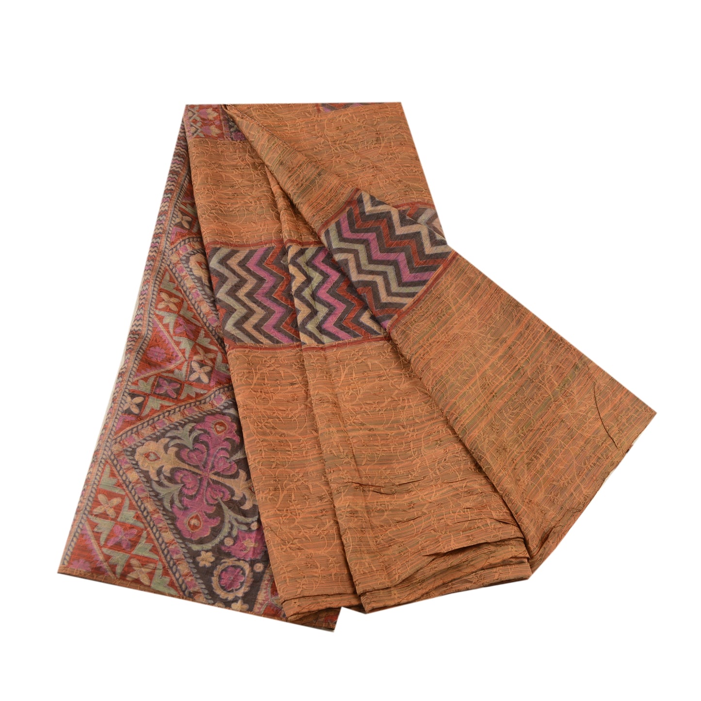 Sanskriti Vintage Sarees Brown 100% Pure Silk Printed Sari Floral Craft Sustainable Fabric