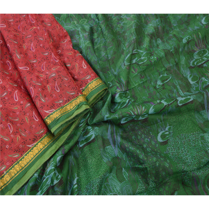 Sanskriti Vintage Sarees Red Zari Border Pure Silk Printed Sari 5yd Craft Sustainable Fabric