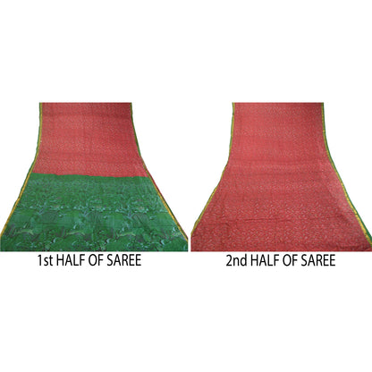 Sanskriti Vintage Sarees Red Zari Border Pure Silk Printed Sari 5yd Craft Sustainable Fabric