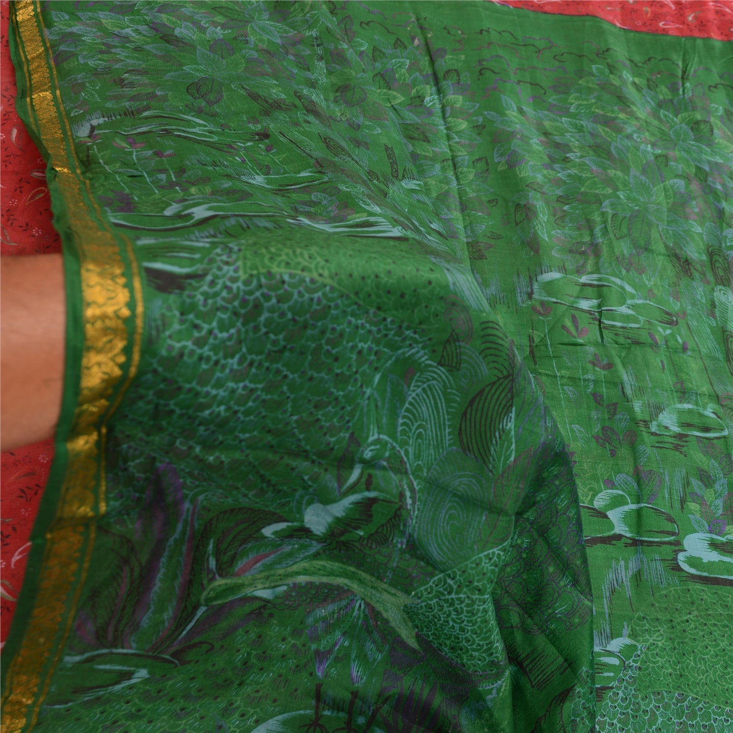 Sanskriti Vintage Sarees Red Zari Border Pure Silk Printed Sari 5yd Craft Sustainable Fabric