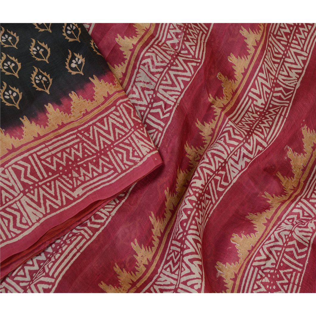 Sanskriti Vintage Sarees Black Hand Block Printed Pure Silk Sari Craft Fabric