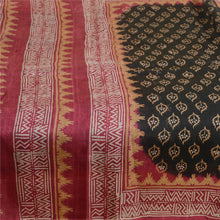 Load image into Gallery viewer, Sanskriti Vintage Sarees Black Hand Block Printed Pure Silk Sari Craft Fabric
