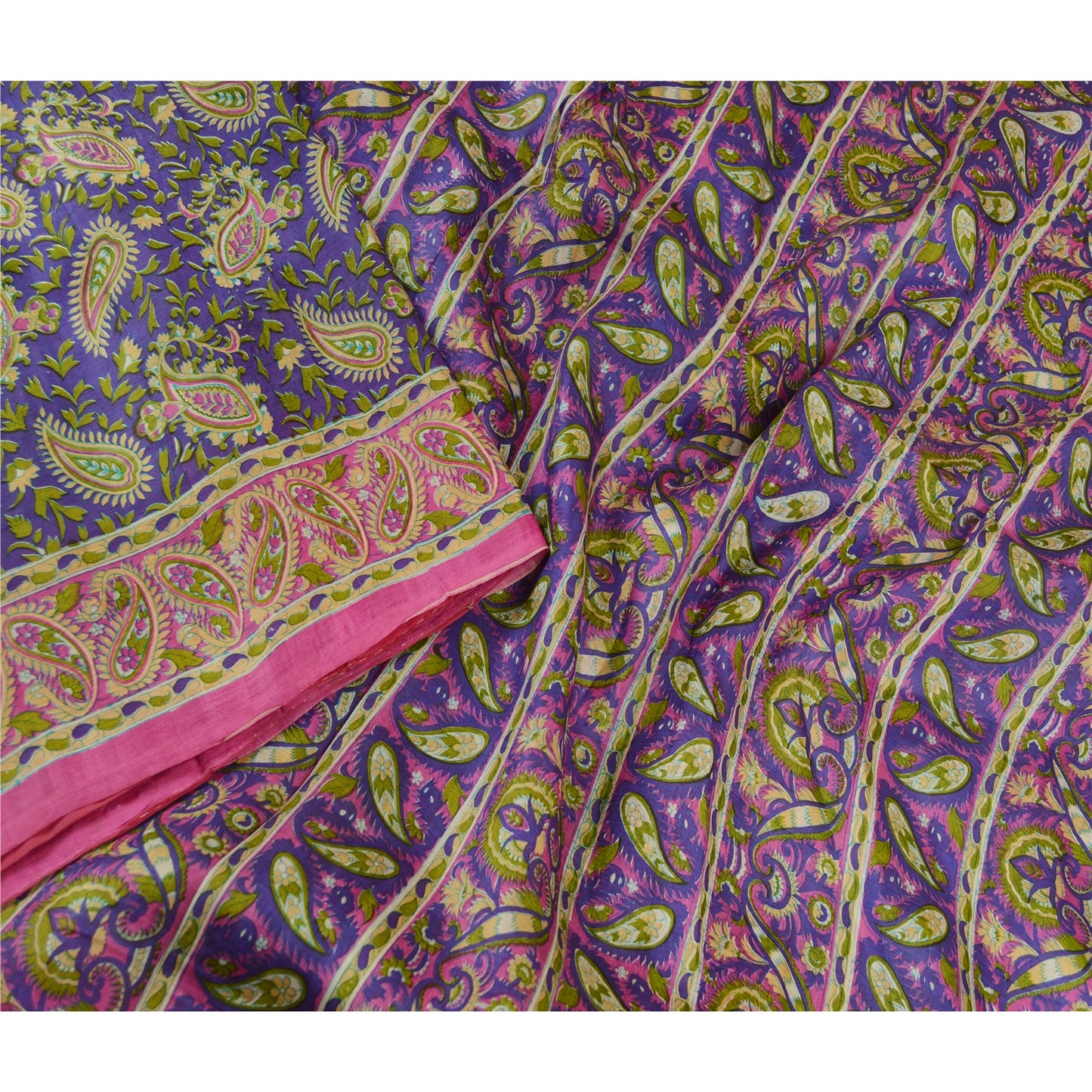 Sanskriti Vintage Sarees Purple Indian Printed Pure Silk Sari Soft Craft Sustainable Fabric