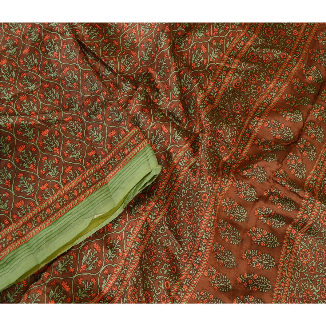 Sanskriti Vintage Sarees Brown 100% Pure Silk Printed Sari Floral Craft Fabric