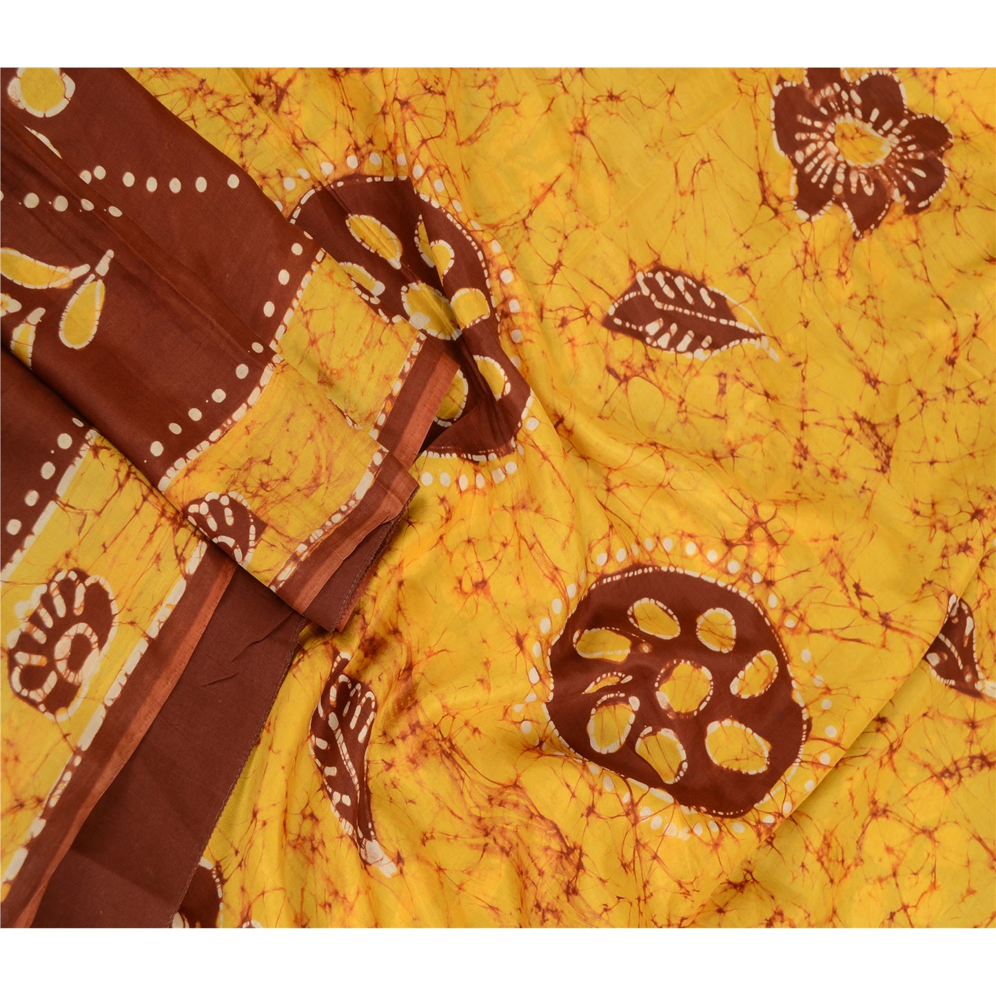 Sanskriti Vintage Sarees Brown Batik Pure Silk Printed Sari Floral Craft Sustainable Fabric