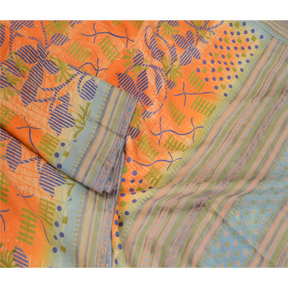 Sanskriti Vintage Sarees Orange 100% Pure Silk Printed Sari Floral Craft Sustainable Fabric