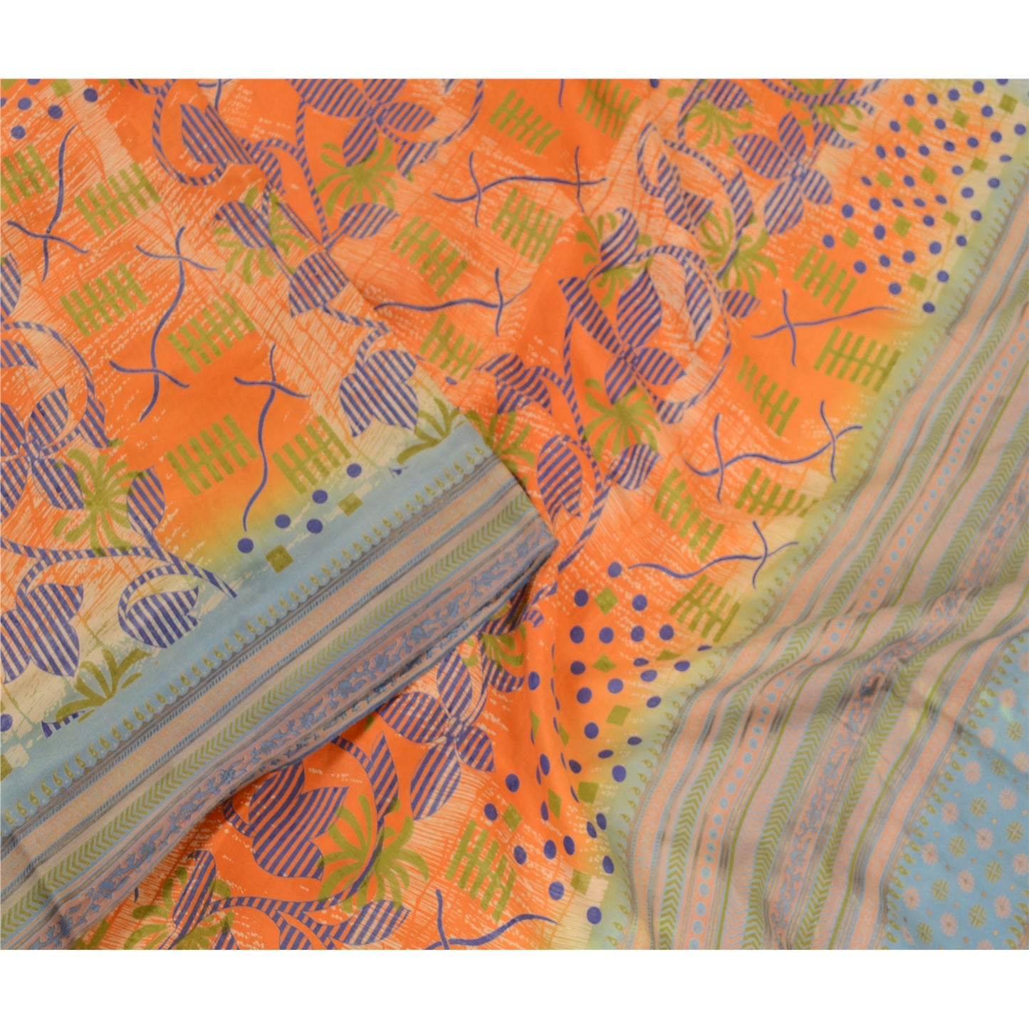 Sanskriti Vintage Sarees Orange 100% Pure Silk Printed Sari Floral Craft Sustainable Fabric