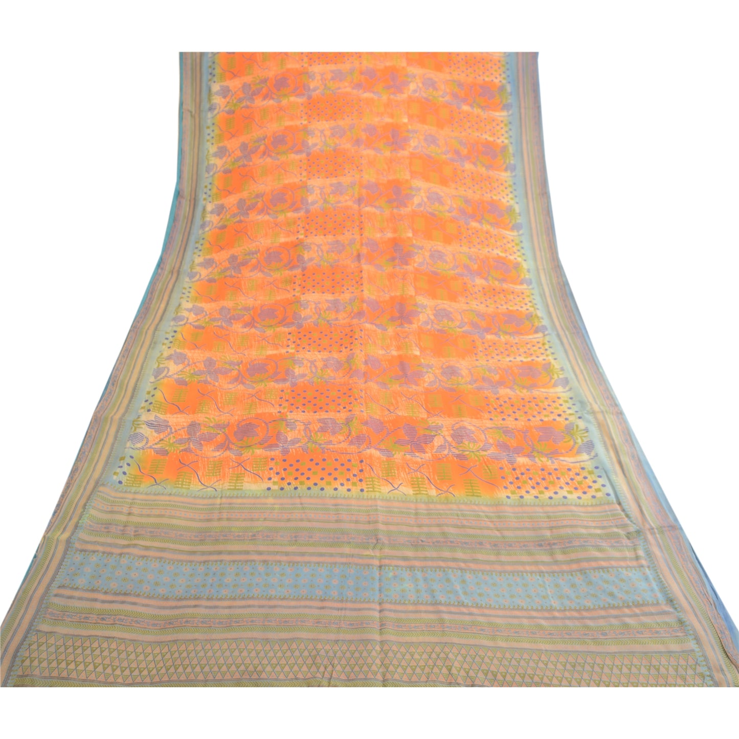 Sanskriti Vintage Sarees Orange 100% Pure Silk Printed Sari Floral Craft Sustainable Fabric