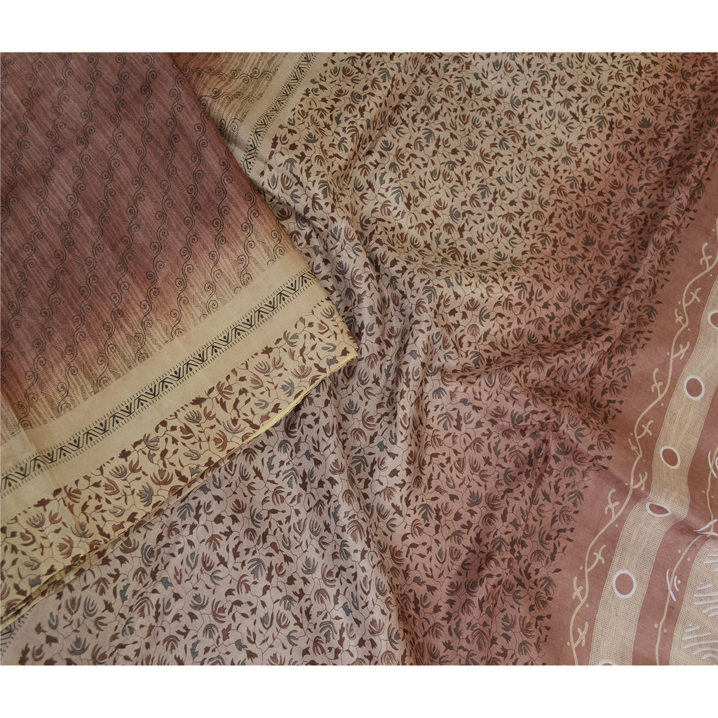 Sanskriti Vintage Sarees Shades of Brown Printed Pure Silk Sari 5yd Craft Sustainable Fabric