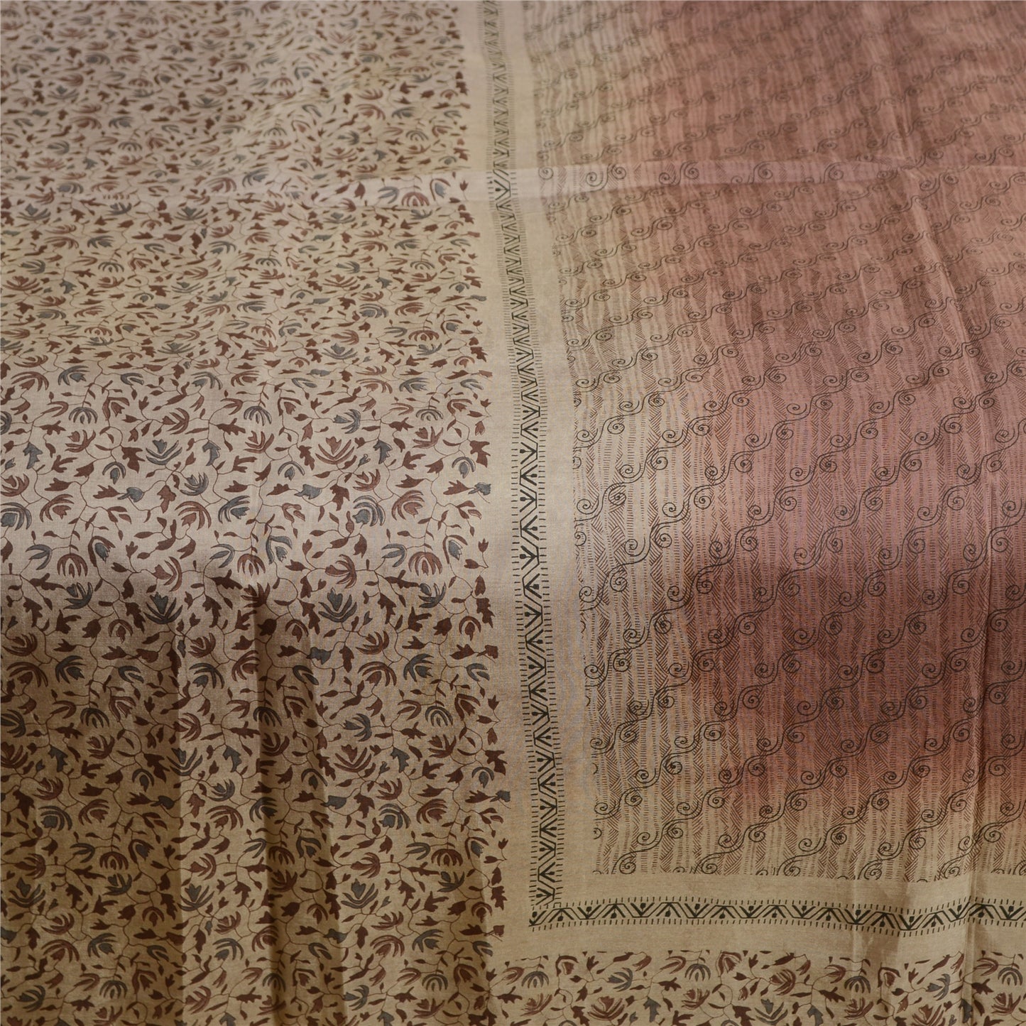 Sanskriti Vintage Sarees Shades of Brown Printed Pure Silk Sari 5yd Craft Sustainable Fabric