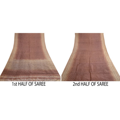 Sanskriti Vintage Sarees Shades of Brown Printed Pure Silk Sari 5yd Craft Sustainable Fabric