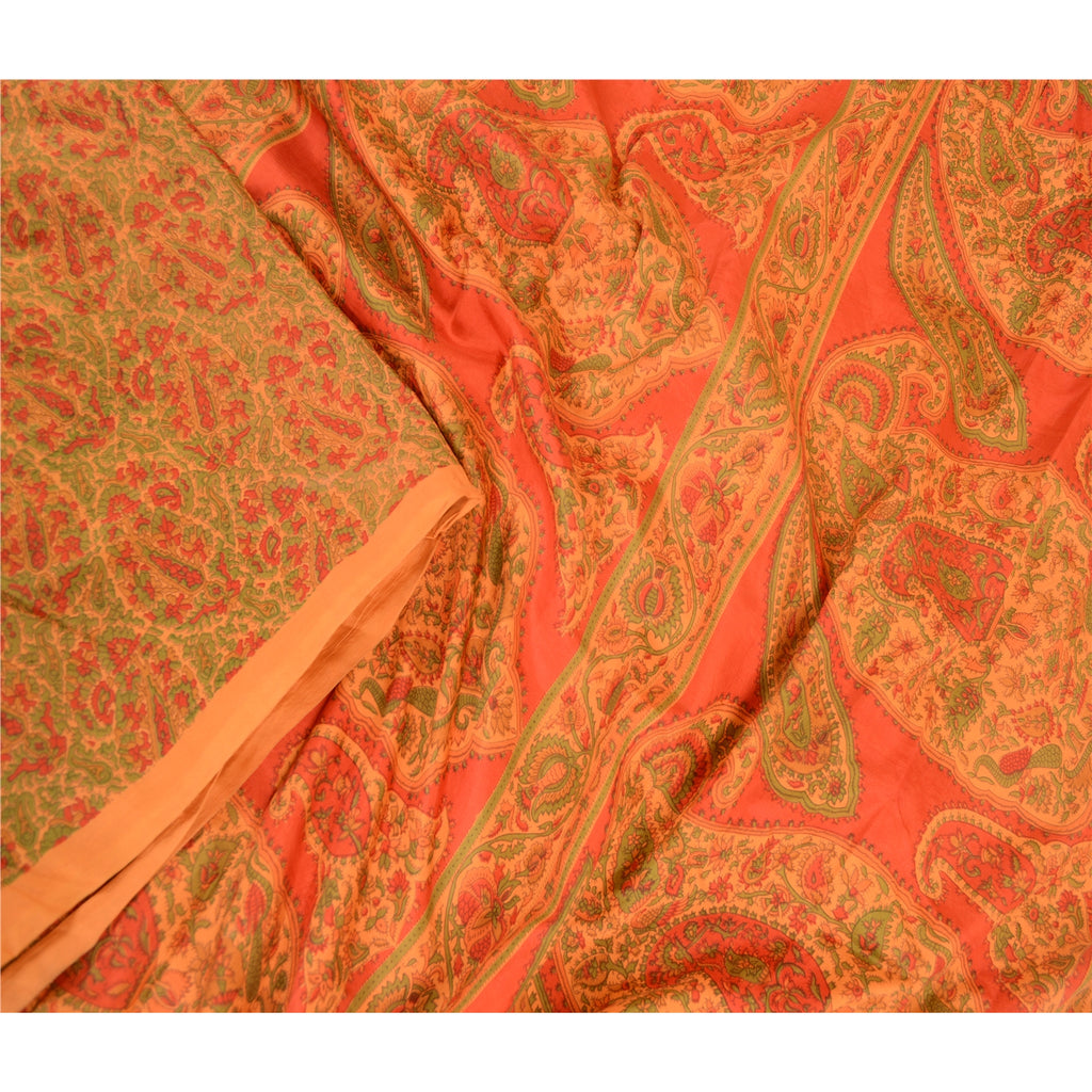 Sanskriti Vintage Sarees From India Orange Pure Silk Printed Sari Craft Sustainable Fabric