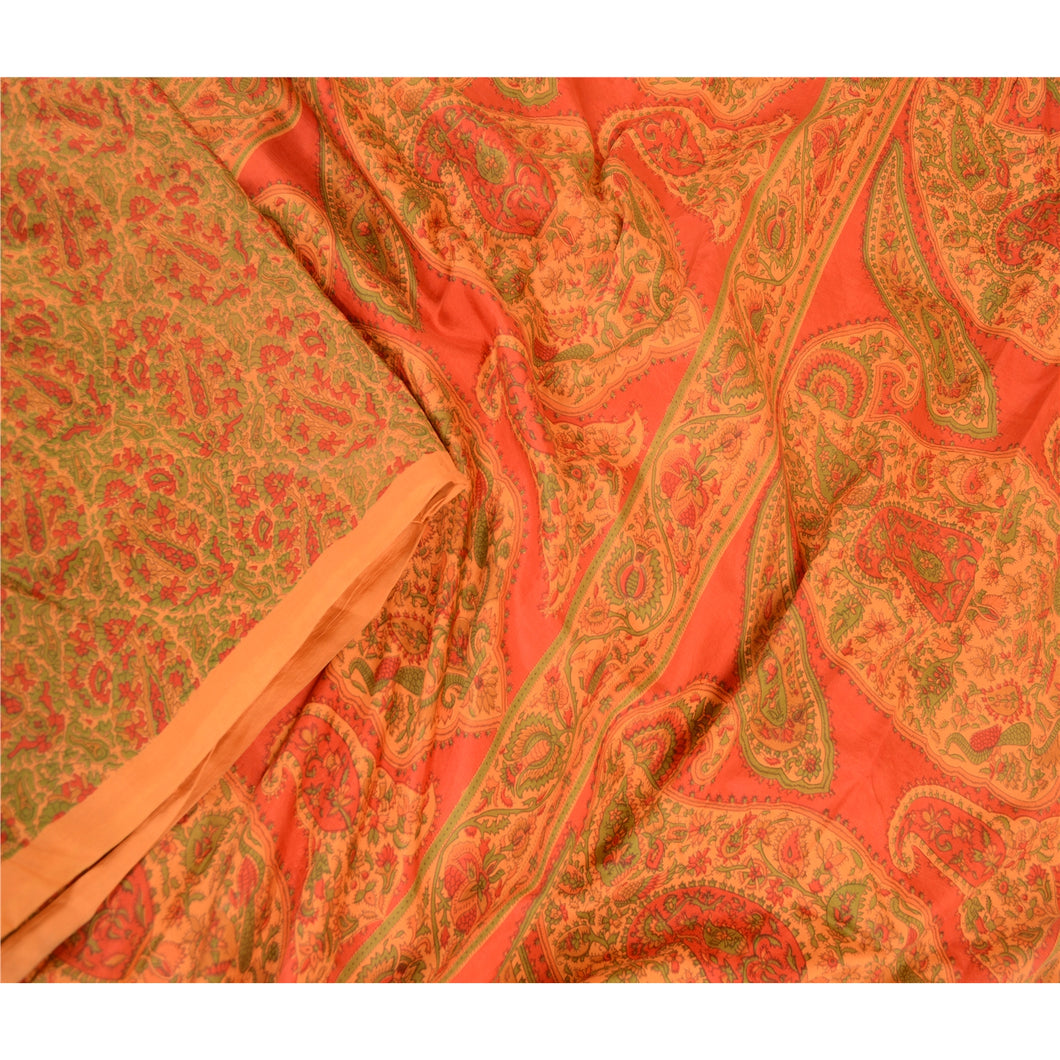 Sanskriti Vintage Sarees From India Orange Pure Silk Printed Sari Craft Fabric