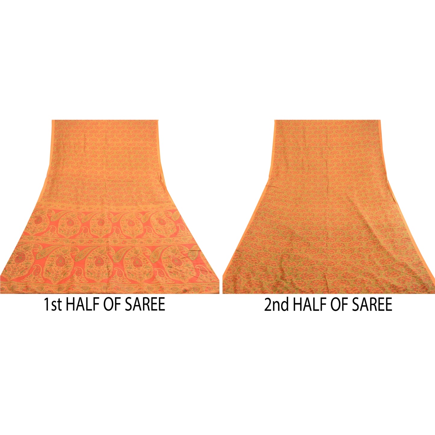 Sanskriti Vintage Sarees From India Orange Pure Silk Printed Sari Craft Sustainable Fabric