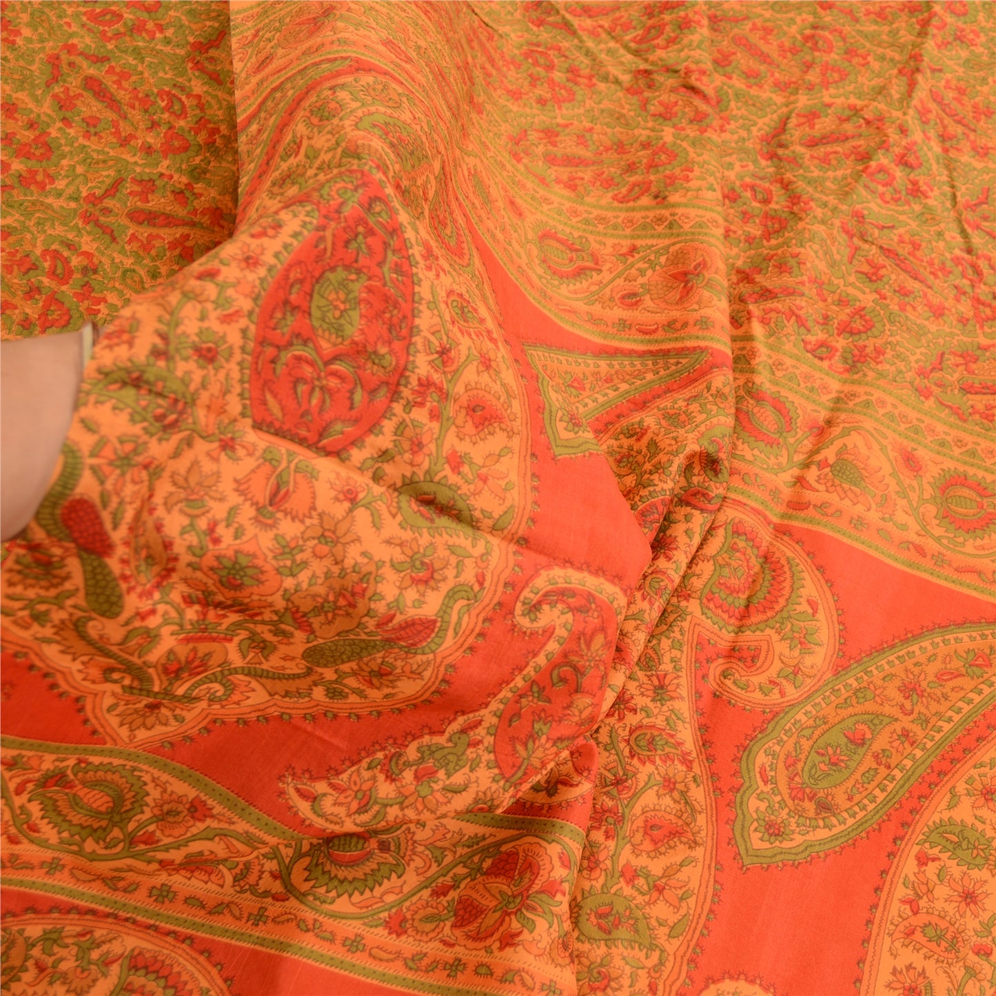 Sanskriti Vintage Sarees From India Orange Pure Silk Printed Sari Craft Sustainable Fabric