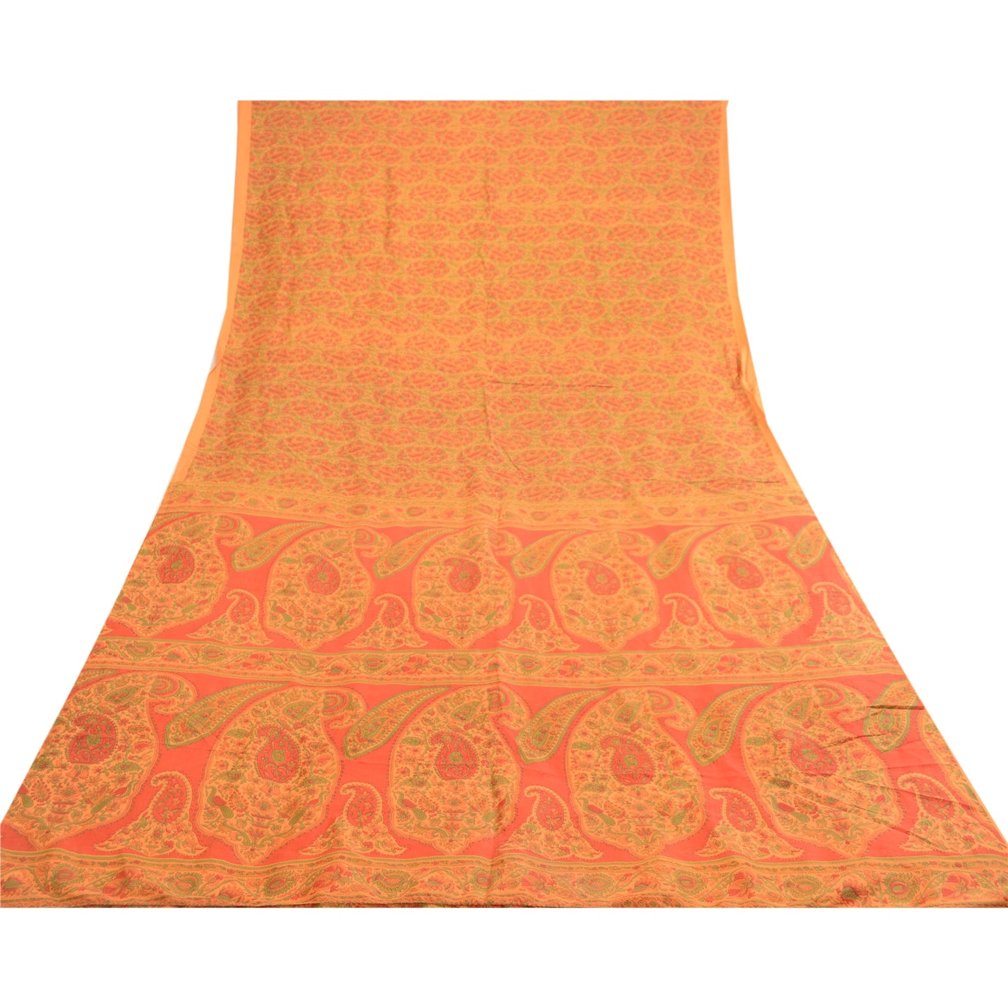 Sanskriti Vintage Sarees From India Orange Pure Silk Printed Sari Craft Sustainable Fabric