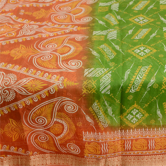 Сари Sanskriti Vintage Green Printed 100% Pure Silk Sari Soft 5yd Craft Sustainable Fabric