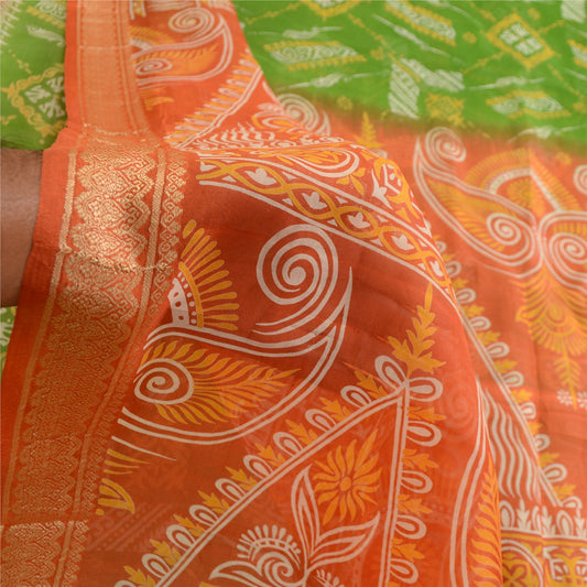 Сари Sanskriti Vintage Green Printed 100% Pure Silk Sari Soft 5yd Craft Sustainable Fabric