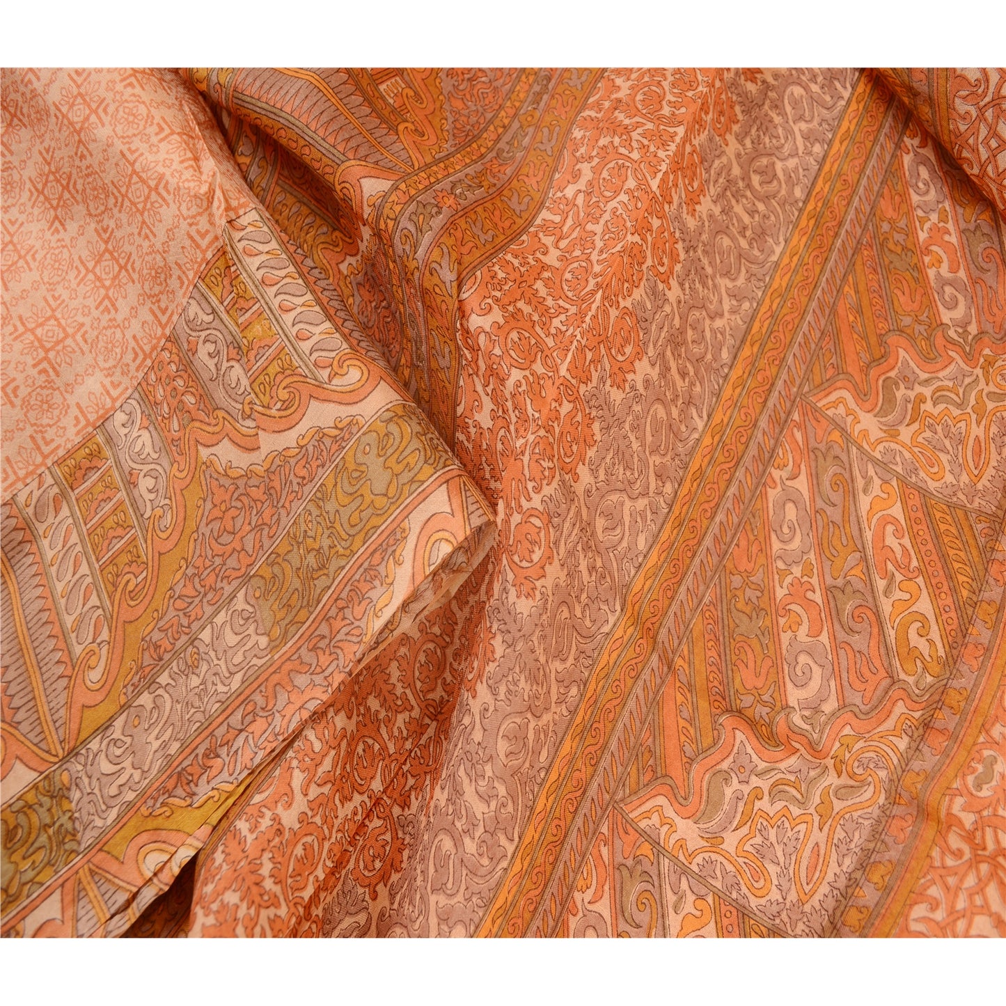 Sanskriti Vintage Sarees Peach Indian Printed Pure Silk Sari Soft Craft Sustainable Fabric