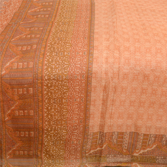 Sanskriti Vintage Sarees Peach Indian Printed Pure Silk Sari Soft Craft Sustainable Fabric
