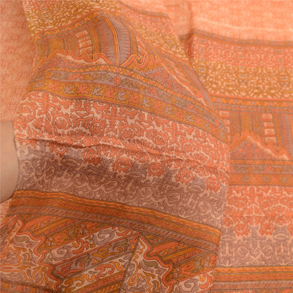 Sanskriti Vintage Sarees Peach Indian Printed Pure Silk Sari Soft Craft Sustainable Fabric