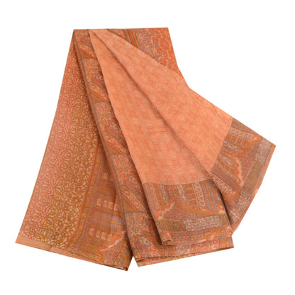 Sanskriti Vintage Sarees Peach Indian Printed Pure Silk Sari Soft Craft Sustainable Fabric