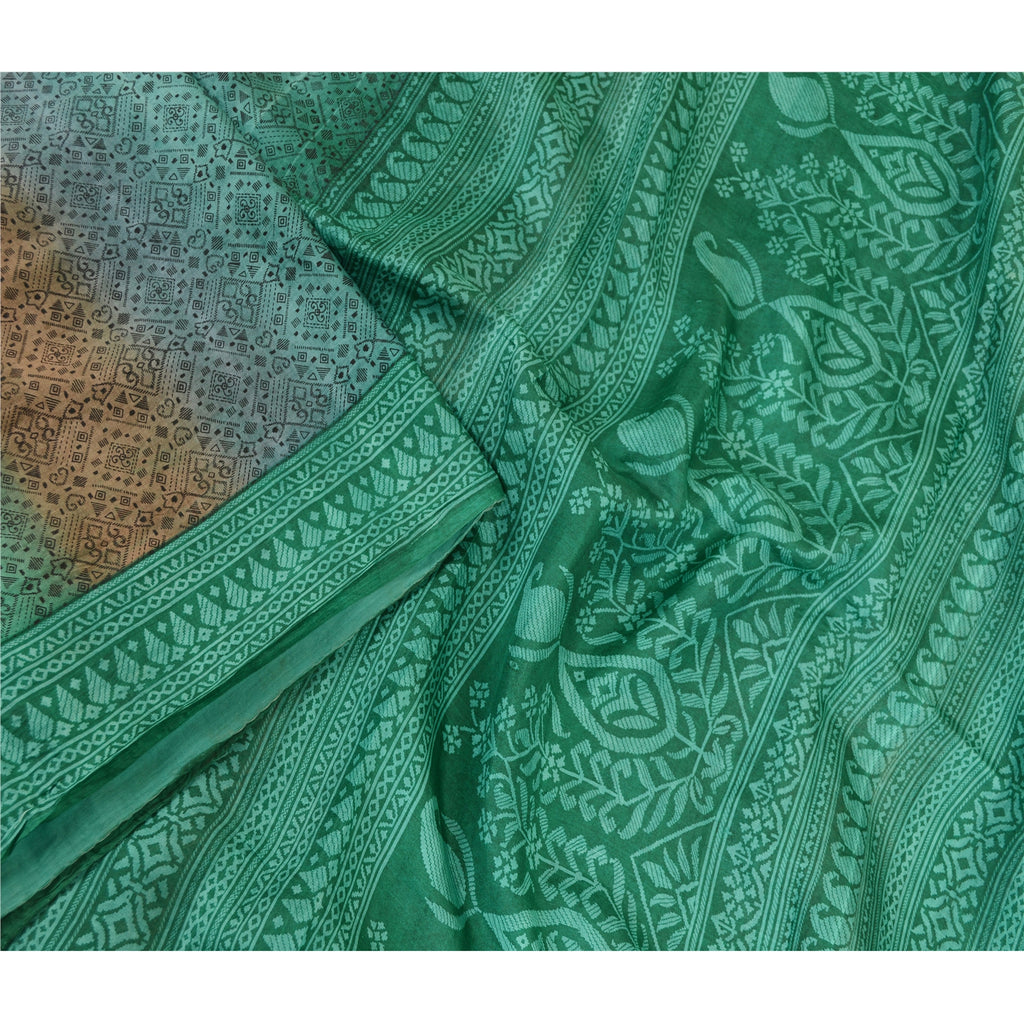 Sanskriti Vintage Sarees Green Pure Silk Printed Sari Floral Soft Craft Sustainable Fabric