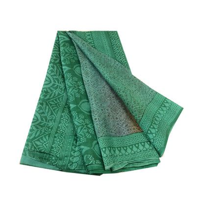 Sanskriti Vintage Sarees Green Pure Silk Printed Sari Floral Soft Craft Sustainable Fabric