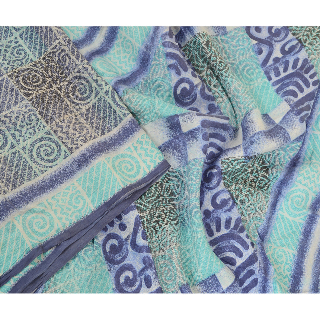 Sanskriti Vintage Sarees Blue Pure Silk Printed Sari Floral Soft Craft Fabric