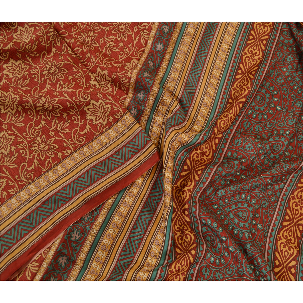 Sanskriti Vintage Sarees Red Indian Pure Silk Printed Sari Soft 5yd Craft Fabric