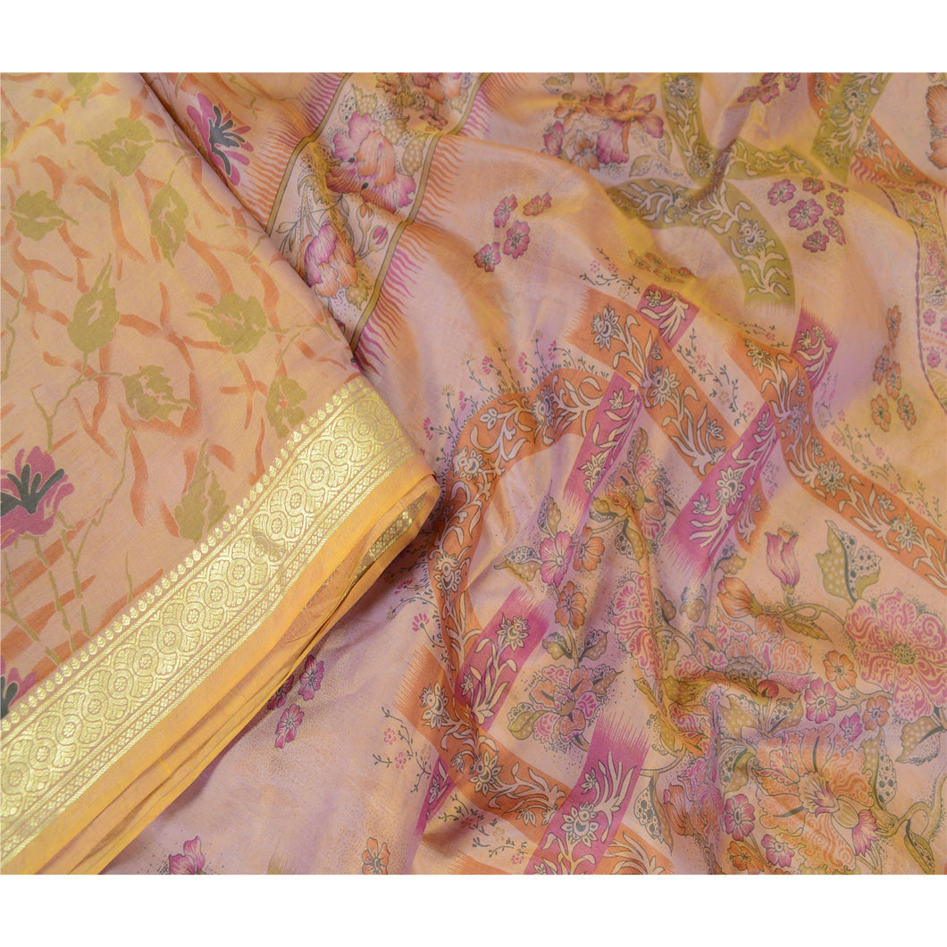 Sanskriti Vintage Sarees Pink Pure Silk Printed Zari Border Sari Craft Fabric