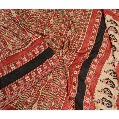 Sanskriti Vintage Sarees Red 100% Pure Silk Printed Woven Sari Soft Craft Sustainable Fabric
