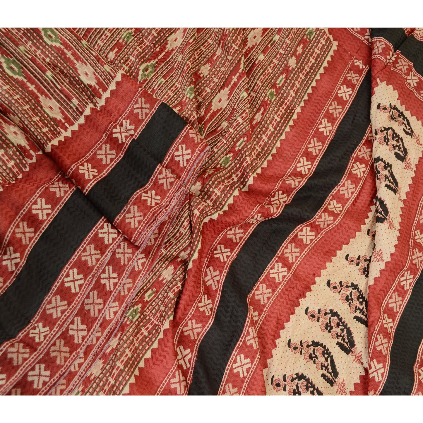 Sanskriti Vintage Sarees Red 100% Pure Silk Printed Woven Sari Soft Craft Sustainable Fabric