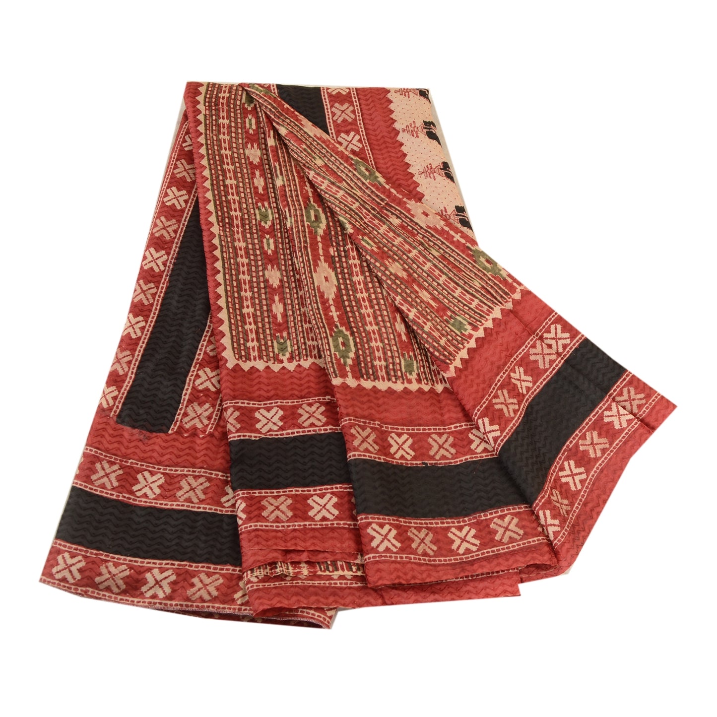 Sanskriti Vintage Sarees Red 100% Pure Silk Printed Woven Sari Soft Craft Sustainable Fabric