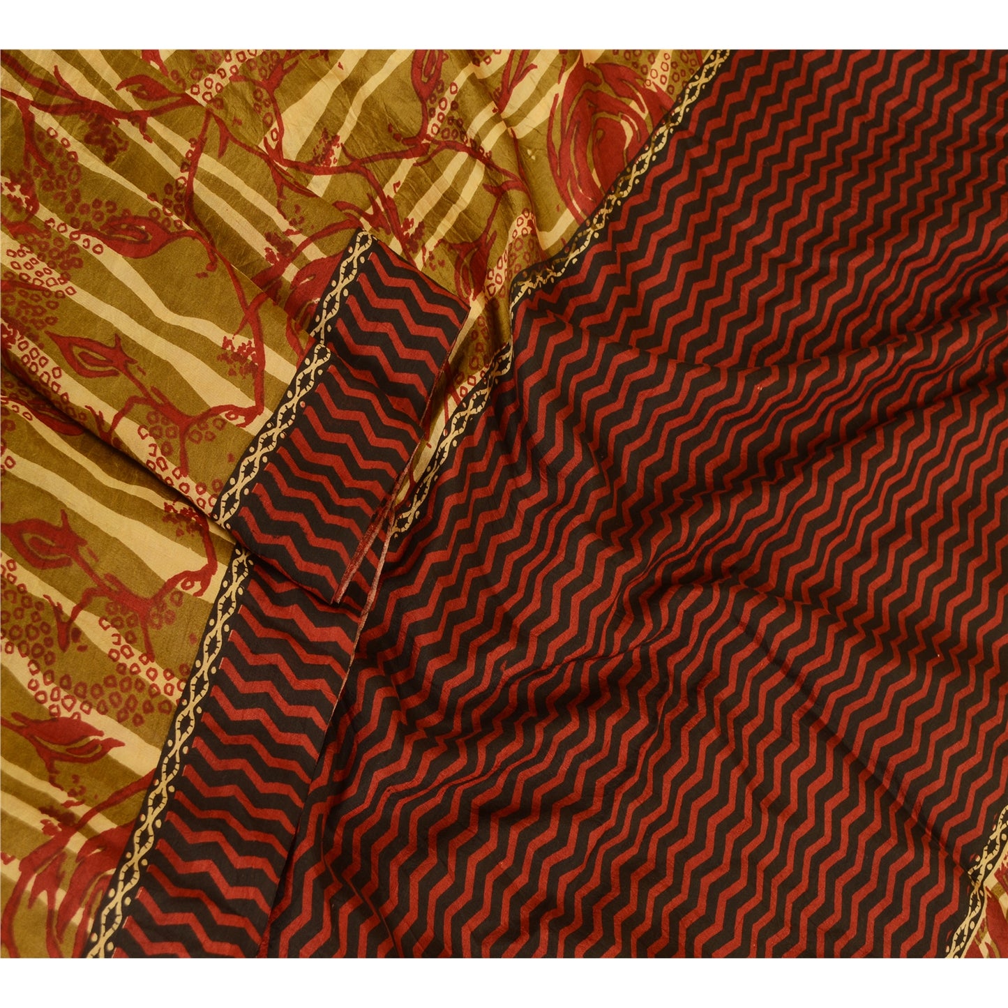 Sanskriti Vintage Sarees Indian Green Printed Pure Silk Sari Soft Craft Sustainable Fabric