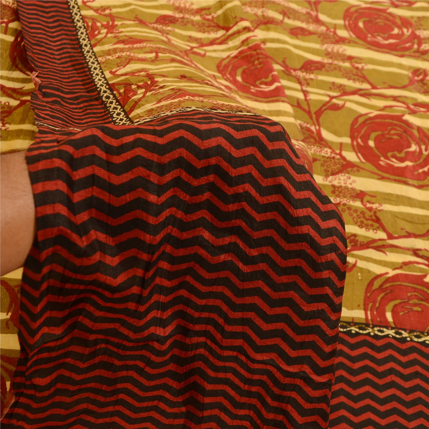 Sanskriti Vintage Sarees Indian Green Printed Pure Silk Sari Soft Craft Sustainable Fabric