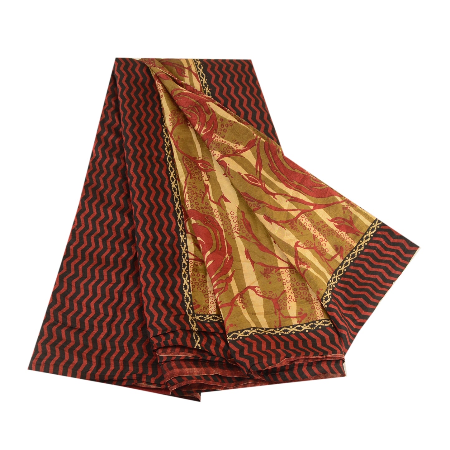 Sanskriti Vintage Sarees Indian Green Printed Pure Silk Sari Soft Craft Sustainable Fabric