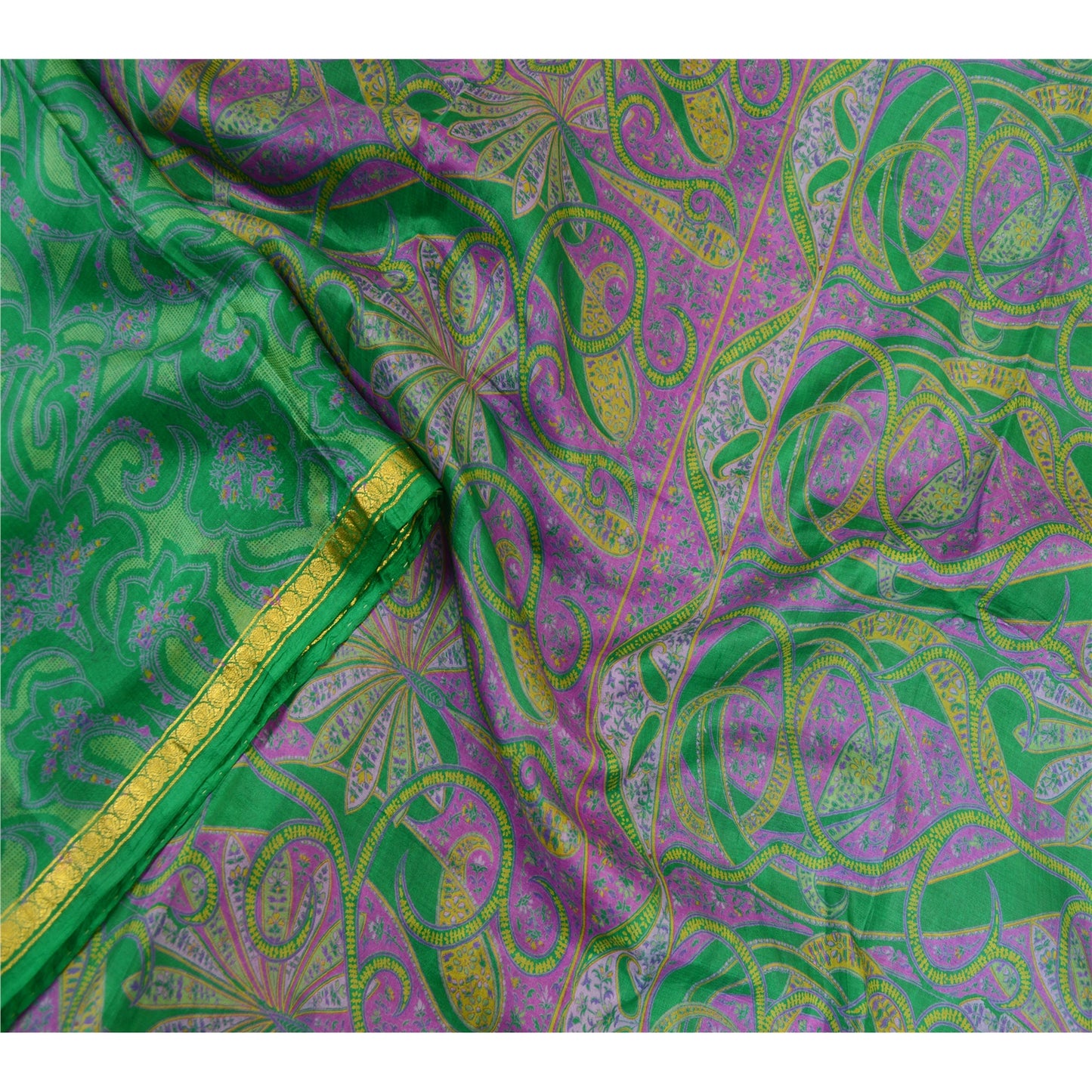 Sanskriti Vintage Sarees Green Zari Border Pure Silk Printed Sari Craft Sustainable Fabric