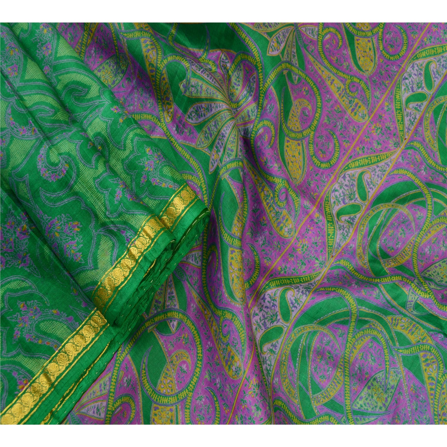 Sanskriti Vintage Sarees Green Zari Border Pure Silk Printed Sari Craft Sustainable Fabric