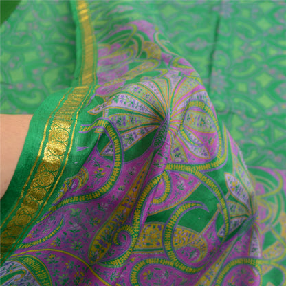 Sanskriti Vintage Sarees Green Zari Border Pure Silk Printed Sari Craft Sustainable Fabric