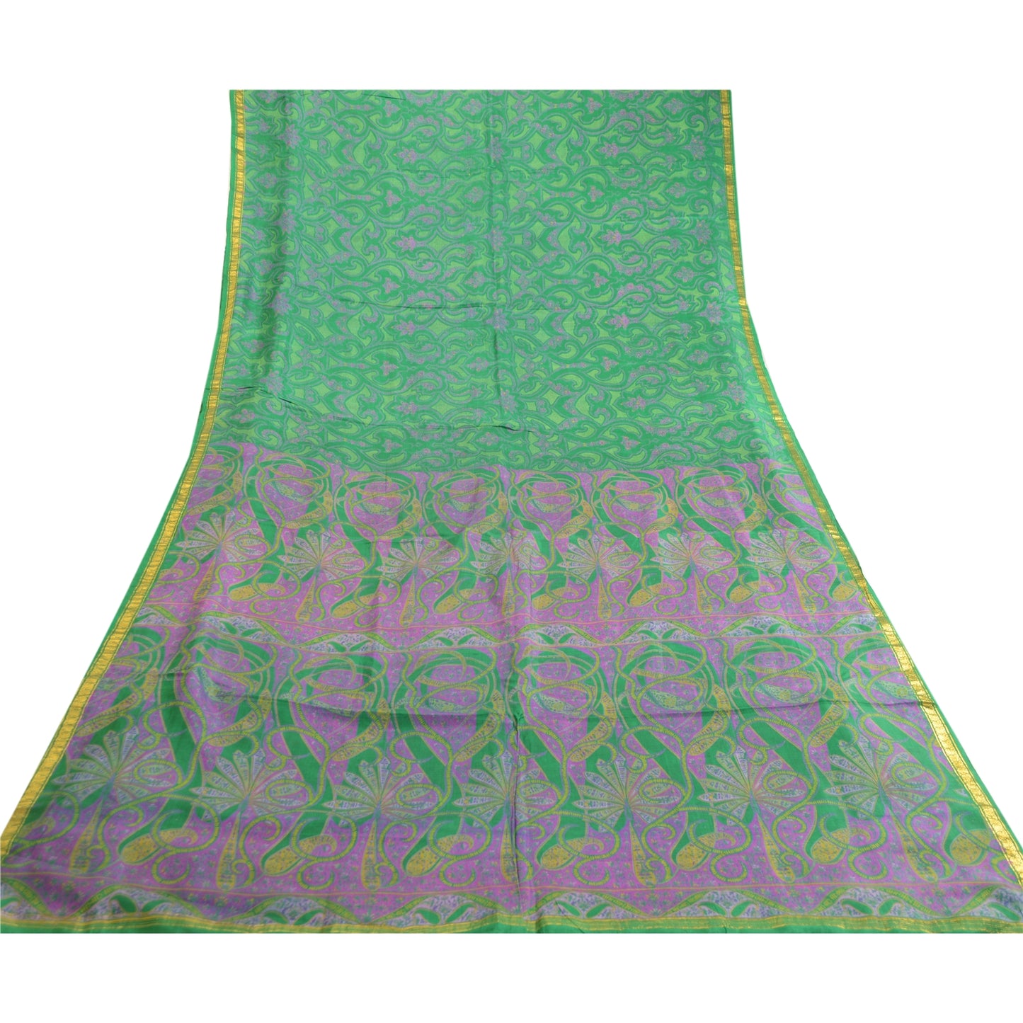 Sanskriti Vintage Sarees Green Zari Border Pure Silk Printed Sari Craft Sustainable Fabric