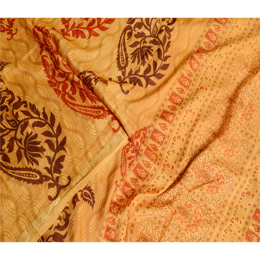 Sanskriti Vintage Sarees Yellow Pure Silk Block Printed Sari Floral Craft Sustainable Fabric