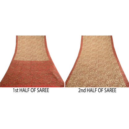 Sanskriti Vintage Sarees Brown 100% Pure Silk Printed Sari Floral Craft Sustainable Fabric