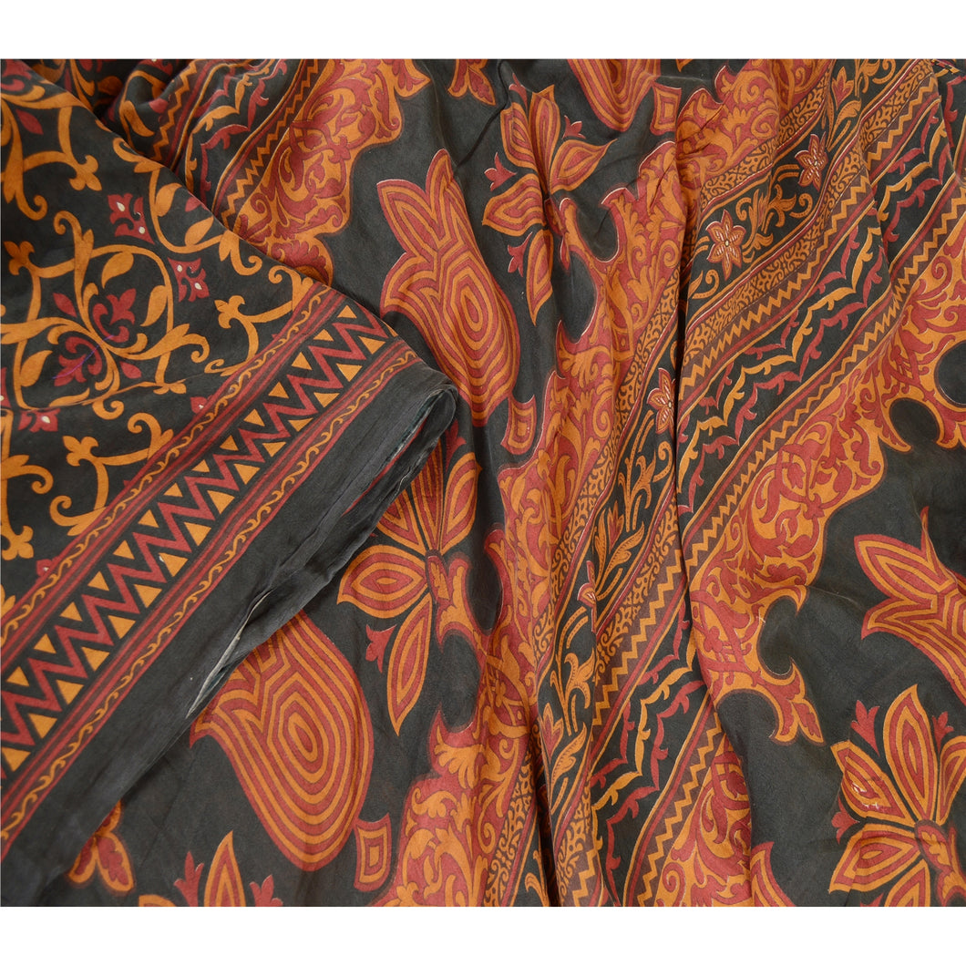 Sanskriti Vintage Sarees From India Black Pure Silk Printed Sari Craft Fabric