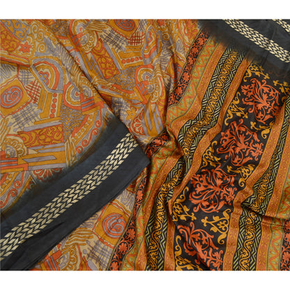 Sanskriti Vintage Saree Orange 100% Pure Silk Sarees: Printed Floral Fabric, 5 Yards Floral Design- Dresses, Kaftans, Skirts, Tops,