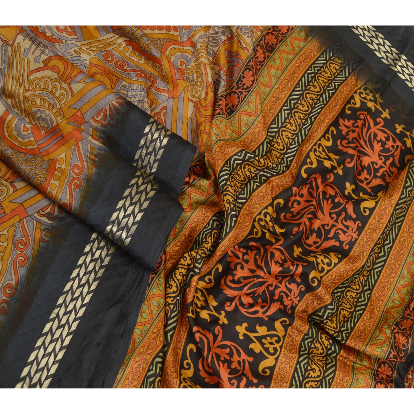 Sanskriti Vintage Saree Orange 100% Pure Silk Sarees: Printed Floral Fabric, 5 Yards Floral Design- Dresses, Kaftans, Skirts, Tops,