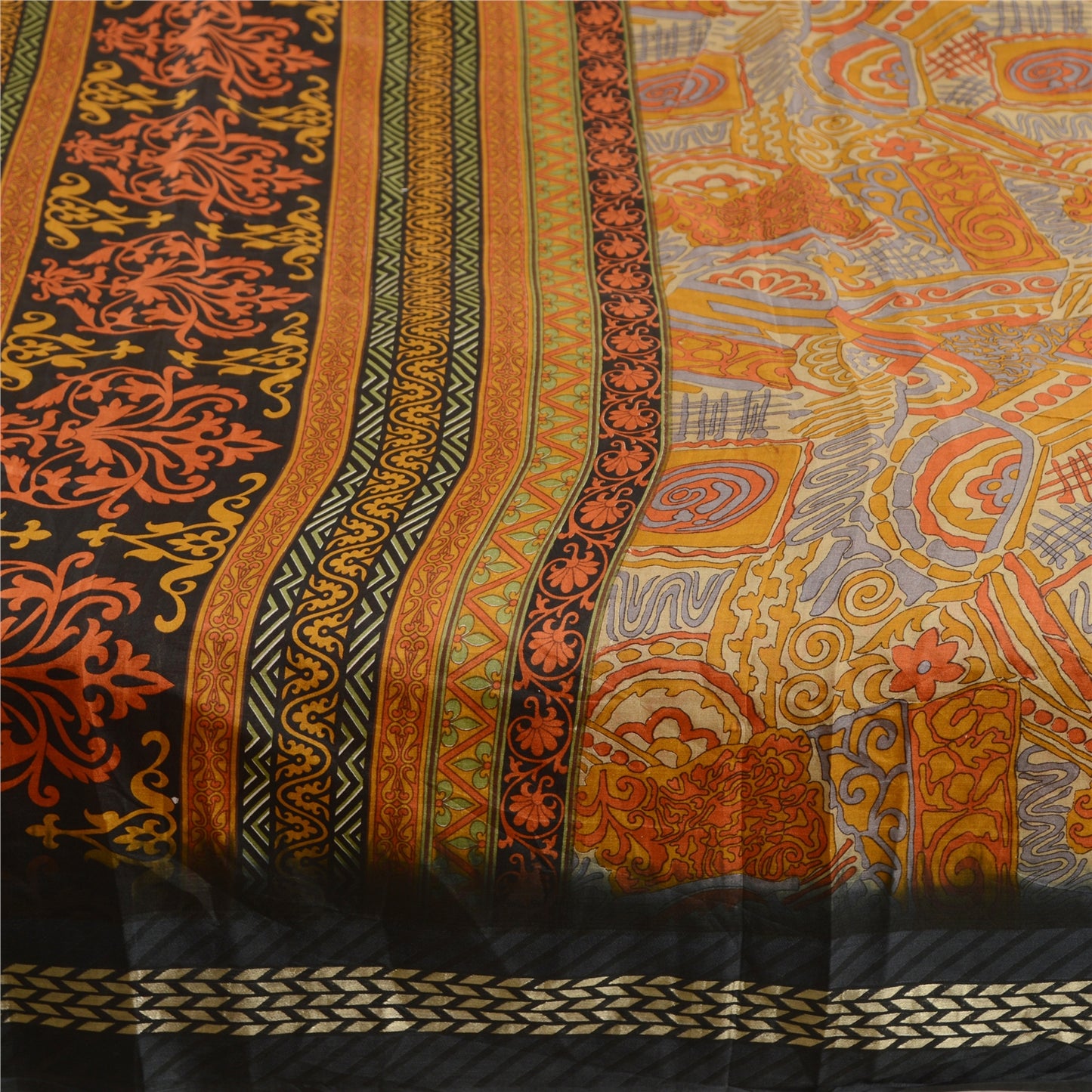 Sanskriti Vintage Saree Orange 100% Pure Silk Sarees: Printed Floral Fabric, 5 Yards Floral Design- Dresses, Kaftans, Skirts, Tops,