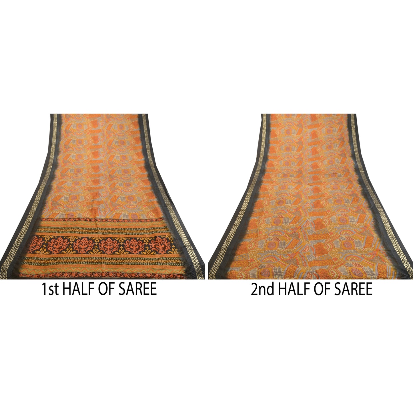 Sanskriti Vintage Saree Orange 100% Pure Silk Sarees: Printed Floral Fabric, 5 Yards Floral Design- Dresses, Kaftans, Skirts, Tops,