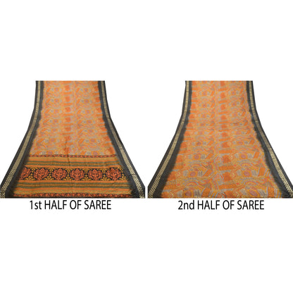 Sanskriti Vintage Saree Orange 100% Pure Silk Sarees: Printed Floral Fabric, 5 Yards Floral Design- Dresses, Kaftans, Skirts, Tops,