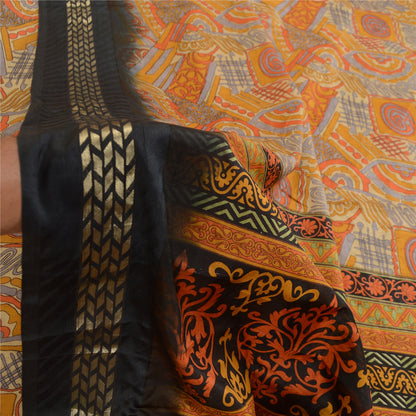 Sanskriti Vintage Saree Orange 100% Pure Silk Sarees: Printed Floral Fabric, 5 Yards Floral Design- Dresses, Kaftans, Skirts, Tops,